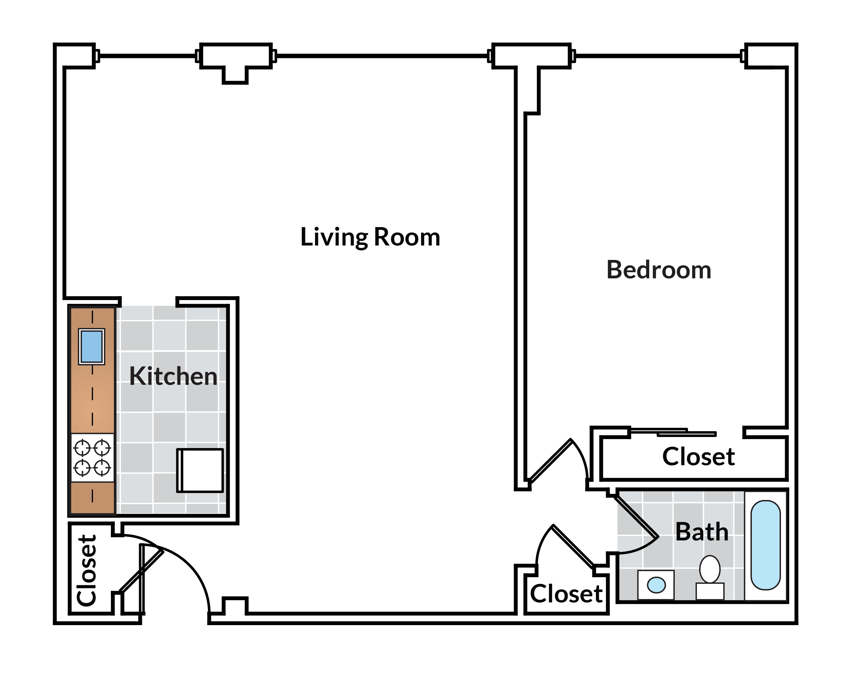 Floor plan for 1 bed, 1 bath, 799 sqft